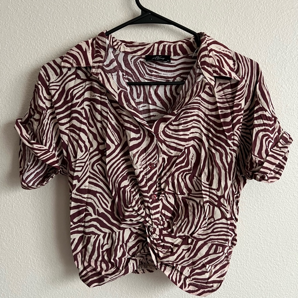 Milk & Honey Burgundy Zebra Print Button Down Crop Top